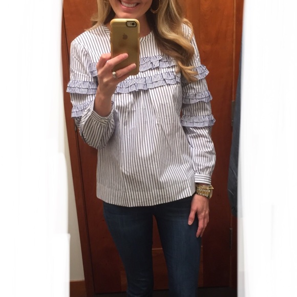 J. Crew Tops - J Crew Sz 0 stripped chambray blouse ruffles